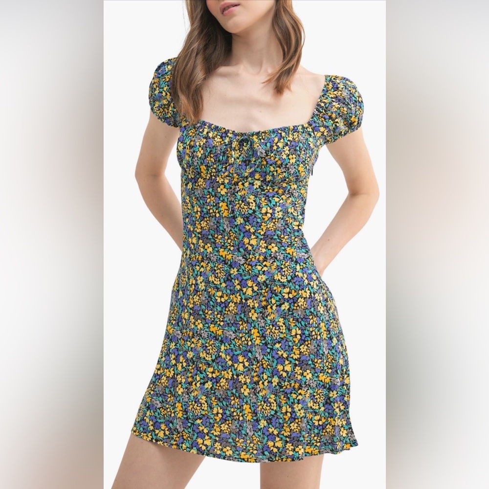 Lush Purple and Yellow‎ Floral Pattern Puff Sleeve Mini Dress